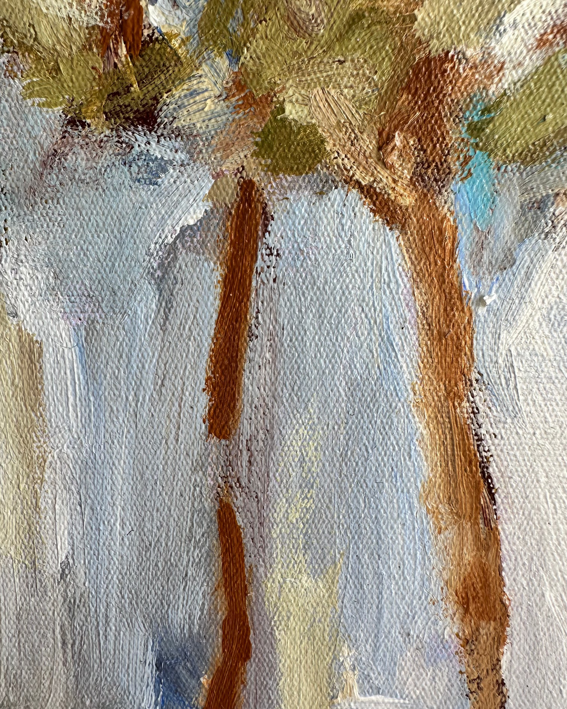 Abstract painting of trees against a light background